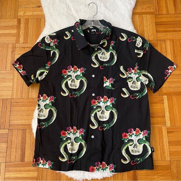 STÜSSY Shirt Button Down Shirt Skull Pattern in Black size large - Picture 9 of 9